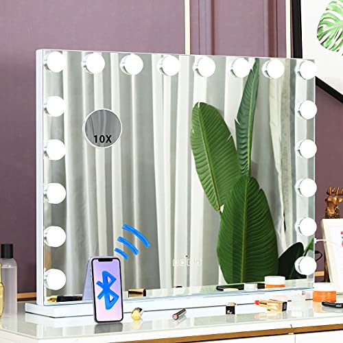 COOLJEEN Large Hollywood Beauty Vanity Mirror with Lights 18 LED Bulbs 3 Color Lighting Modes Makeup Mirror with USB Charging Port & Bluetooth Speaker (White, Bluetooth)