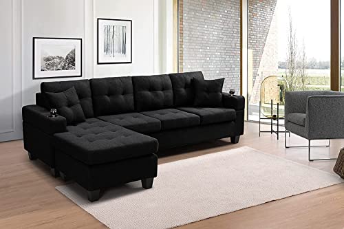 GAOPAN 4-Seat Sectional Sofa with Reversible Left/Right Chaise Lounge and 2 Cup Holders, L-Shaped Couch for Home Apartment Living Room Compact Space Furniture Set, Gray