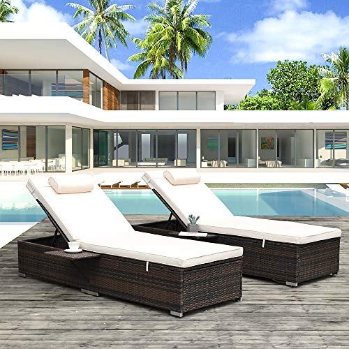 2 Pieces Outdoor Chaise Lounge, Patio Rattan Reclining Chair Furniture with Adjustable Backrest, Cushioned Sofa Sets and Coffee Table (Beige)