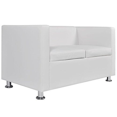 2-Seater Sofa | Modern 2-Seat Sofa Couch with Metal Legs | Faux Leather Living Room Sofa with 2 Pillows | White Artificial Leather 47.2