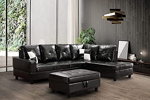 GAOPAN Faux Leather Tufted Cushions Sectional Sofa Easy to Assemble for Home Living Room Furniture Set,L-Shape 5 Seater PU Corner Couch W/Chaise Lounge and Storage Ottoman,Black