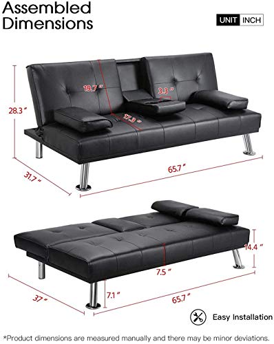 Suwikeke Faux Leather Convertible Futon Removable Armrests/Metal Legs, 2 Cupholders Sofa Bed, Black