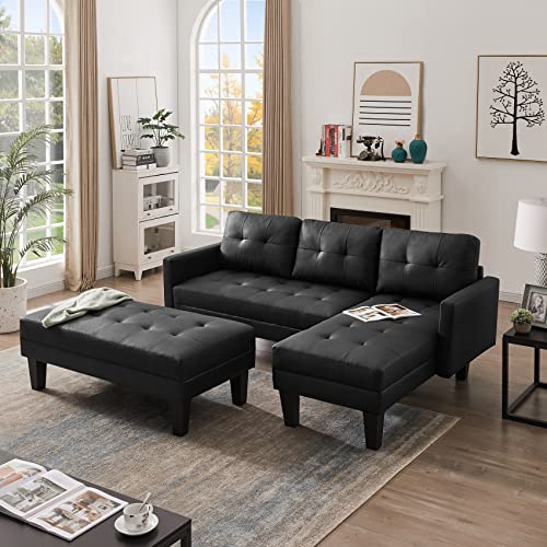 L Shape Sectional Sofa Couch with Ottoman Bench, Olela Sectional 3 Seat Sofa Set,Reversible Chaise Lounge Tufted Faux Leather Black