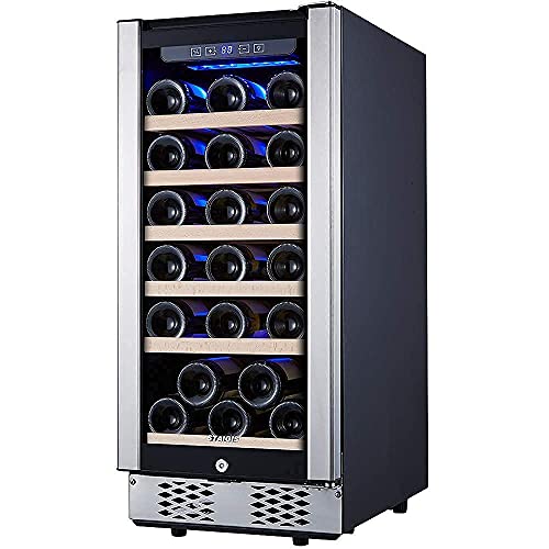 STAIGIS 15 Inch Wine Refrigerator, Under Counter Wine Cooler w/Stainless Steel Frame Glass Door, 30 Bottles Wine Fridge for Built In or Freestanding with Concealed Pull Design