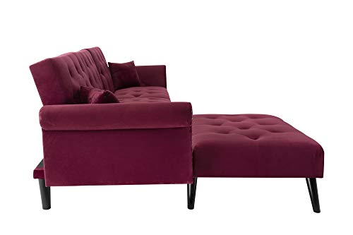 Upholstered Mid Century Sectional Sofa Futon Couch with Reversible Chaise with Adjustable Back Sofa Bed (Wine Red)