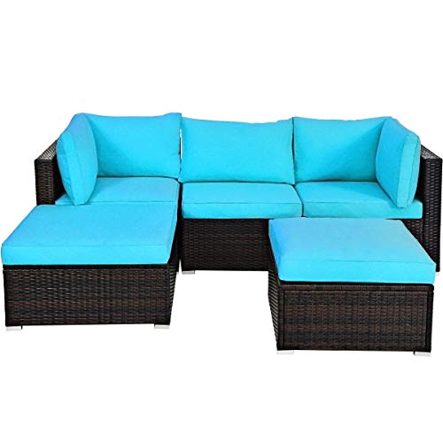 Tangkula 5 Piece Patio Furniture Set, Outdoor Sectional Rattan Sofa Set with Cushions and Coffee Table, Suitable for Backyard Porch Garden Poolside and Deck, Wicker Conversation Set (Turquoise)