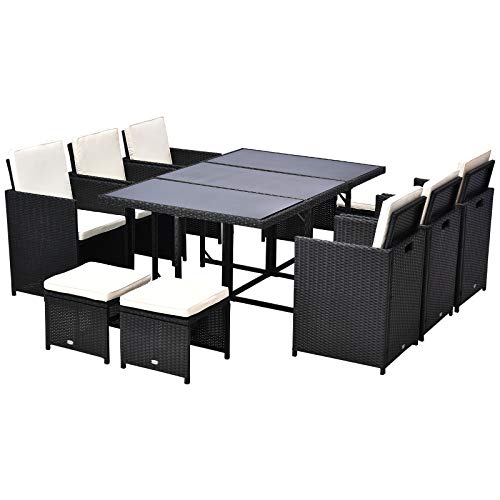 Outsunny 11 Piece Outdoor PE Rattan Wicker Table and Chair Patio Furniture Set Black