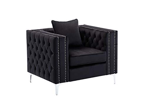 Lilola Home Lorreto Black Velvet Chair, Nailhead Trim, Handmade Button Tufted with Chrome Metal Legs