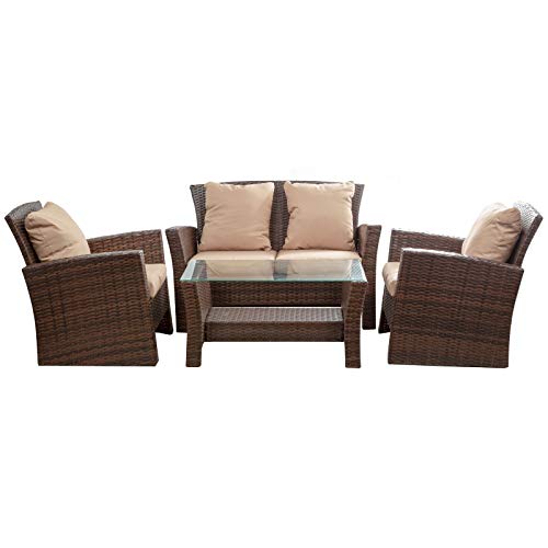 4 PCS Brown Rattan Wicker Modern Patio Set Loveseat Sofa with Cushions, 2 Chairs, Coffee Table, Conversation Sets for Porch Garden Deck Poolside, Outdoor Furniture