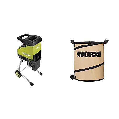 Sun Joe CJ603E 15-Amp 1.7-Inch Cutting Diameter Electric Silent Wood Chipper/Shredder, Green & Worx WA0030 Landscaping 26-Gallon Collapsible Yard Waste Bag/Leaf Bin, Tan