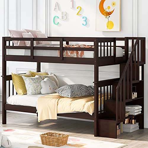 Twin Bunk Beds with Stairway, Full Length Guardrail Wood Bunk Beds for Kids (Espresso (no Trundle), Twin Over Twin)