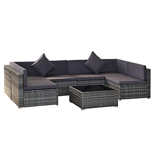 7 Piece Modern Rattan Wicker Garden Outdoor Furniture Modular Sectional Patio Set - Dark Coffee/Light Blue