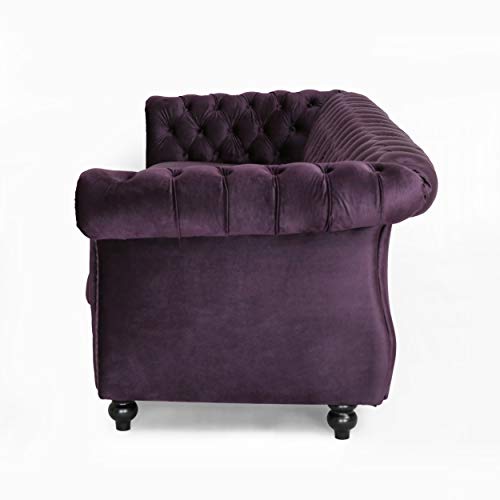 Vita Chesterfield Tufted Jewel Toned Velvet Sofa with Scroll Arms, BlackBerry