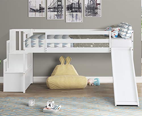 Twin Loft Bed with Slide for Kids, Wood Low Loft Bed with Stairs and Storage Shelves, No Box Spring Needed,White