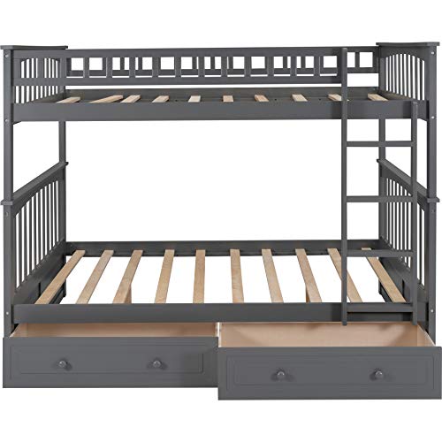 Full Over Full Bunk Bed with Drawers, Wooden Bunk Bed Frame, Gray