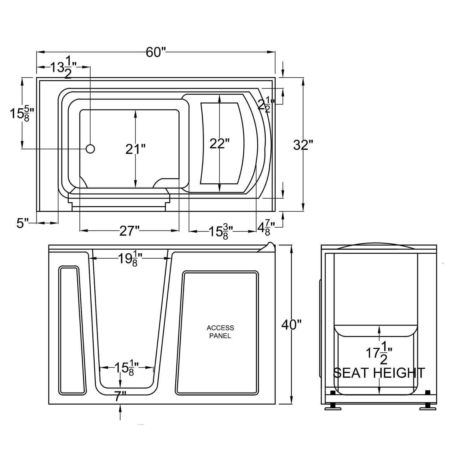 MediTub 3260LBH 32 x 60 Left Drain Whirlpool Walk-In Bathtub Biscuit New