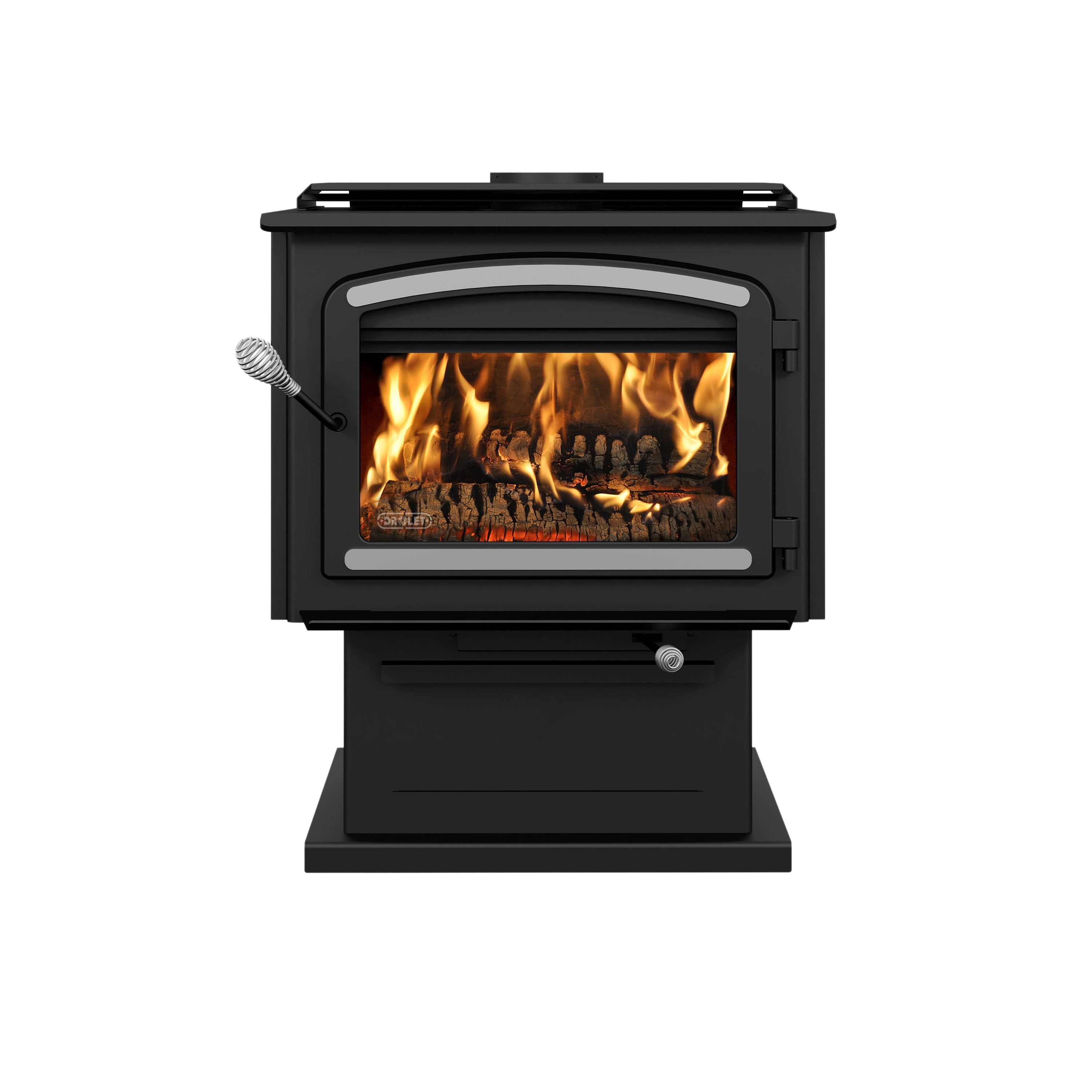 Drolet Escape 2100 2,700 Sq. Ft. Wood Stove Brushed Nickel Trim On Pedestal New