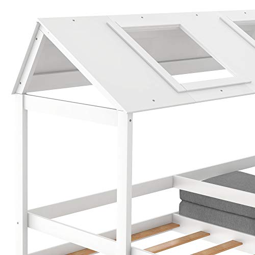 Merax Twin Size House Bed Wooden House Bed with Relax Seat and Included Free Cushions(Mattress not Included), House-Shaped Bed