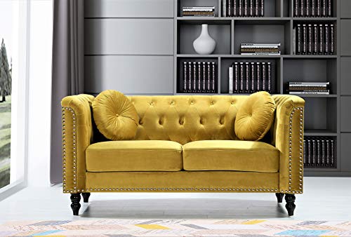 US Pride Furniture High Density Foam 64.17'' Wide Golden Velvet Rolled Arm Chesterfield Living Room Loveseat with Removable Cushion & Solid Wood Legs (S5608-5613) Sofas, Strong Yellow