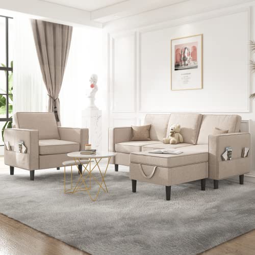 MUZZ Sectional Sofa Set - Sectional Couch with Storage Ottoman and Pockets, Convertible Sofa Couch for Living Room, Living Room Furniture Set, Sofa + Chair + Ottoman (Beige)