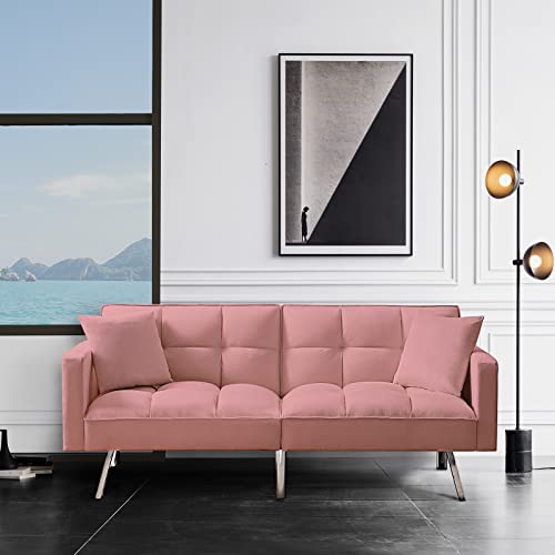Convertible Futon Sofa Bed, Modern Upholstered Sleeper Sofa Couch with 2 Pillows, Tuft Futon Couch Loveseat Sleeper Recliner Sofa Bed Twin Size with 3 Adjustable Backrest for Living Room (Pink)
