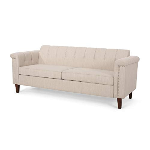 Christopher Knight Home Shelby Contemporary Channel Stitch Fabric 3 Seater Sofa, Beige + Espresso