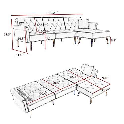 Modern Sofa Bed Couch,Living Room Furniture Sofa Ottoman Set with 3 Levels Adjustable Back and Nailhead Trim,Tufted Velvet Reversible Sectional Couchs with Gold Metal Legs (Black)