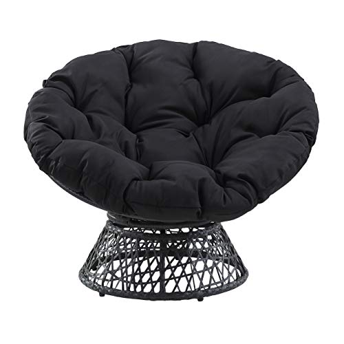 OSP Home Furnishings Wicker Papasan Chair with 360-Degree Swivel, Grey Frame with Black Cushion