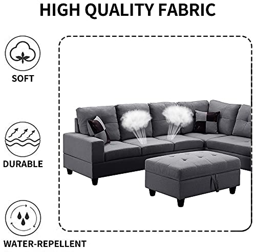 UNIROI Grey Sectional Storage Ottoman, Modern L-Shape Corner Couch for Living Room Sofa Furniture Set with 2 Pillows, Right Chaise Lounge