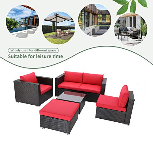 Furnivilla Patio Wicker Furniture Sets 6 Piece Outdoor All-Weather PE Rattan Conversation Couch Sectional Chair Sofa Set with Coffee Table and Cushion (Red)