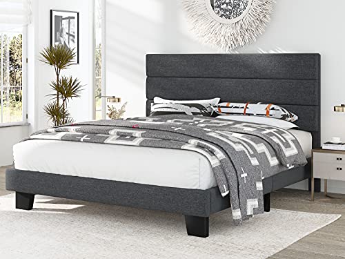 Allewie King Size Fabric Upholstered Platform Bed Frame with Headboard and Wooden Slats, Fully Upholstered Mattress Foundation, No Box Spring Needed, Easy Assembly, Dark Grey