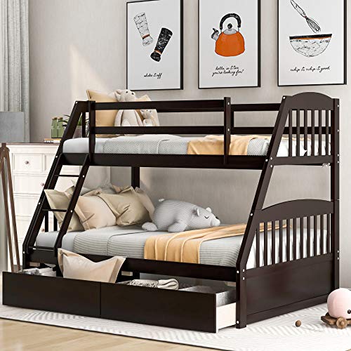 Solid Wood Twin Over Full Bunk Beds with Storage Drawers, Bunk Beds for Kids with Ladder and Guard Rail,Espresso