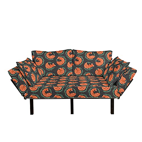 Lunarable Fox Futon Couch, Forest Animal Curved Sleeping Surrounded by Laurel Leaves and Herbs Nature, Daybed with Metal Frame Upholstered Sofa for Living Dorm, Loveseat, Dimgray Burnt Sienna