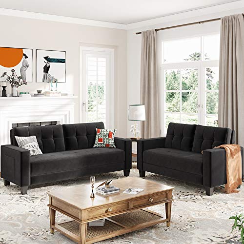 FIVELA Modern 2 Piece Upholstered Sectional Sofa, Stylish Velvet Tufted Cushion W/Side Pockets Couch for Living Room Furniture Set,Include Three Seater Sofá & Loveseat, Black