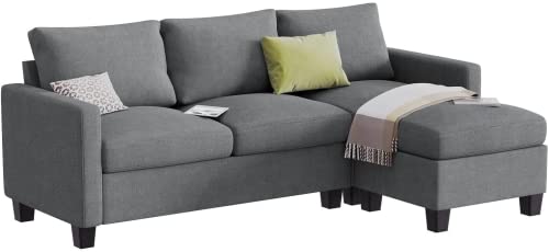 KIMIN Convertible Sectional Sofa Couch L-Shaped Settee with Soft Cushion, Comfortable Backrest and Modern Linen Fabric for Small Space, Living Room, Dark Gray (Dark Gray)