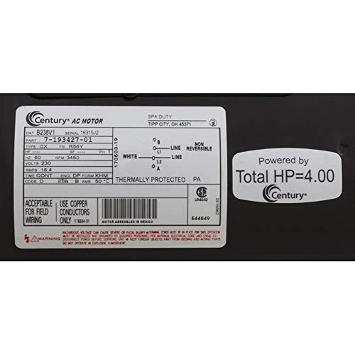 AO Smith/Century Electric 56-Frame Spa, Waterway Replacement, Single-Speed, 5.0 SPLHP, 3450RPM, 230V, 16.4 AMPS, Through Bolt Flange