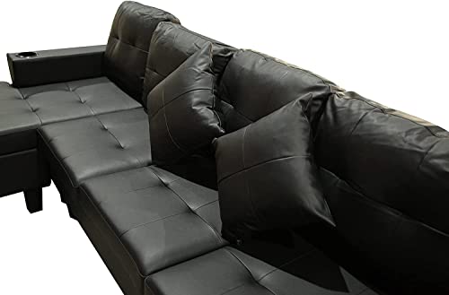 RINIMEI PU Leather Sectional Sofa Furniture Sets for Living Room, L-Shaped Modern 4 Seater Couch with Cup Holder & Reversible (Left/Right) Chaise Lounge, Black