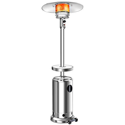 Aussumy Propane Patio Heater Outdoors : Btu 45000 Standing Heat-focusing Heater Tower Lamp Warmer with Wheels LED Table for Wedding Party Dinner Family Gathering Garden Restaurant Silver
