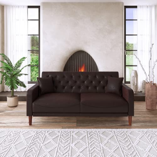 Loveseat Settee Button Tufted Sofa Couch, Faux Leather Upholstered Loveseat with 2 Pillows and Armrest, Couches Living Room Furniture Sets for Living Room (Faux Leather, Brown)