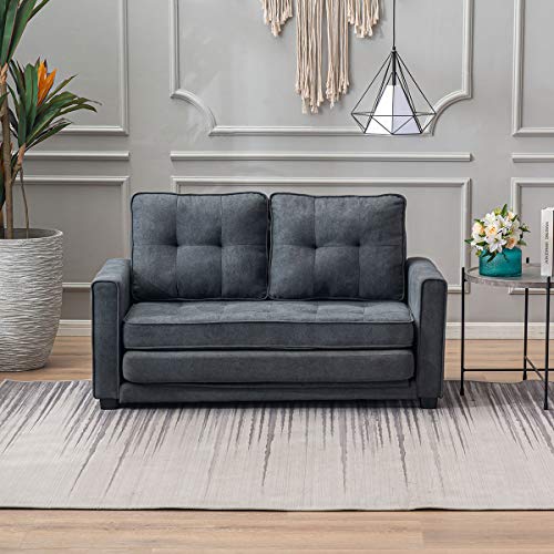 MELLCOM Modern Sofa Bed Mid-Century Upholstered Fabric Loveseat Sofa Folding Recliner Lounge Futon Couch for Living Room with 2 Throw Cushions,Grey