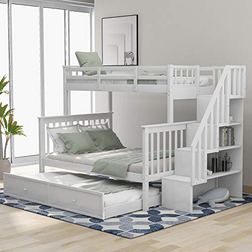Bunk Beds Twin Over Full Size, Solid Wood Bunk Bed with Trundle for Kids