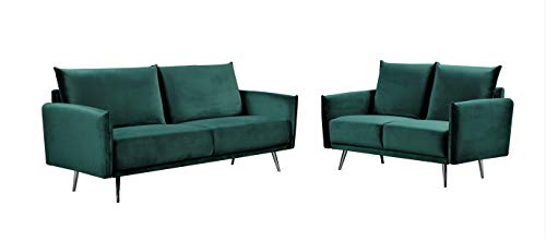 Container Furniture Direct Harrison Modern Velvet Upholstered Living Room Sofa Set, 2 Piece, Green