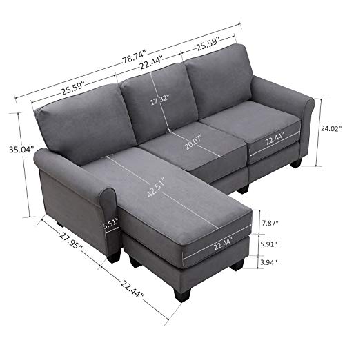 Nolany Reversible Sectional Sofa Couch for Small Apartment L Shape Sofa Couch 3-seat Sectional Couch (Dusty Grey)