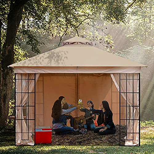 CoastShade 10x10 Outdoor Garden Gazebo for Patios,Shade and Rain for Lawn Backyard and Deck, 4 Corner Shelves and Soft Top Metal Frame with 1 sidewall and 4 Netting Includes,Khaki