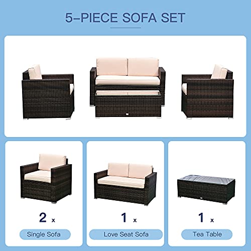 Outsunny 4-Piece Cushioned Patio Furniture Set, with 2 Chairs, Sectional, and Glass Coffee Table, Rattan Wicker, Brown