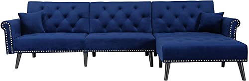 GAOPAN Elegant Velvet Upholstered Sectional Sofa L-Shaped Button Tufted Nails Decor Sofá with 2 Pillows Convertible Sleeper Couch Bed W/Reversible Chaise Longue for Living Room Furniture Sets, Blue
