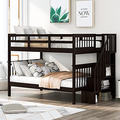 Full-Over-Full Bunk Bed,4 Storage Stairway and Guard Rail, Full-Over-Full Bunk Bed for Bedroom, Dorm, for Family, Kids, Teens,No Box Spring Needed