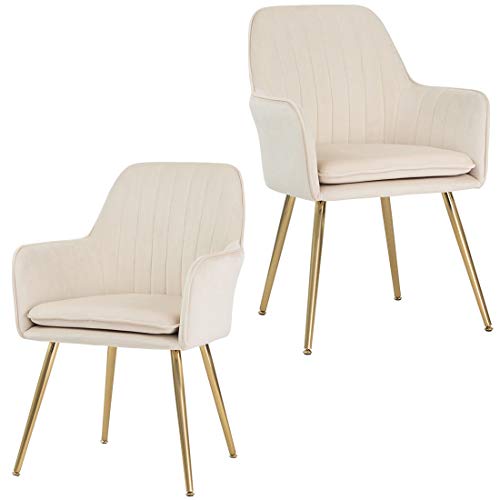 GOLDEN BEACH Velvet Dinning Chair Set of 2 Mid-Back Accent Chair Modern Leisure Armchair with Gold Plating Legs Upholstered Living Room Chair (Beige-2PCS)