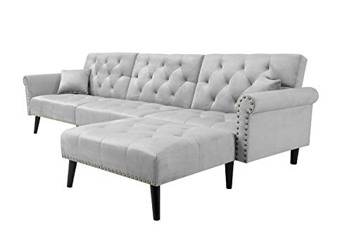 Danxee Sofa Bed Set Sectional Sofa L Shape Sectional Couch Sleeper Couch Bed Modern Style Velvet Sleeper Futon Sofa with Extra Wide Chaise Lounge (Light Grey)