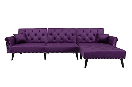 Mid Century Modern Upholstered L-Shaped Sectional Sofa Bed Futon Couch Sleeper with Convertable Chaise Lounge